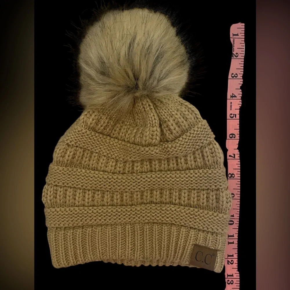 CC-Cozy Tan Knit Beanie with Faux Fur Pom - Picture 2 of 7